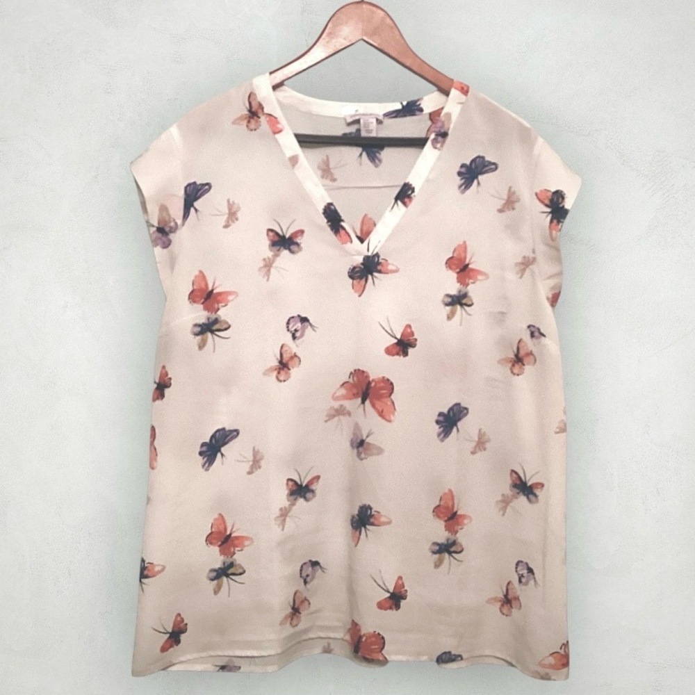 Carolina Belle Off-White Butterfly Print Blouse XL V-Neck Sleeveless Pullover